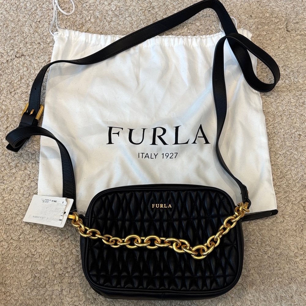 Furla Quilted Black Crossbody with Gold Chain NWT